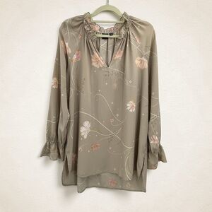 Kaari Blue XL Boho Cottagecore Floral Ruffle Neck Flowy Tunic Whimsical Top